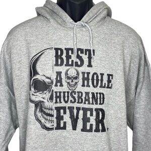GILDAN Mens XL NWOT Gray Black Hoodie “Best A💀Hole Husband Ever” Front Pocket